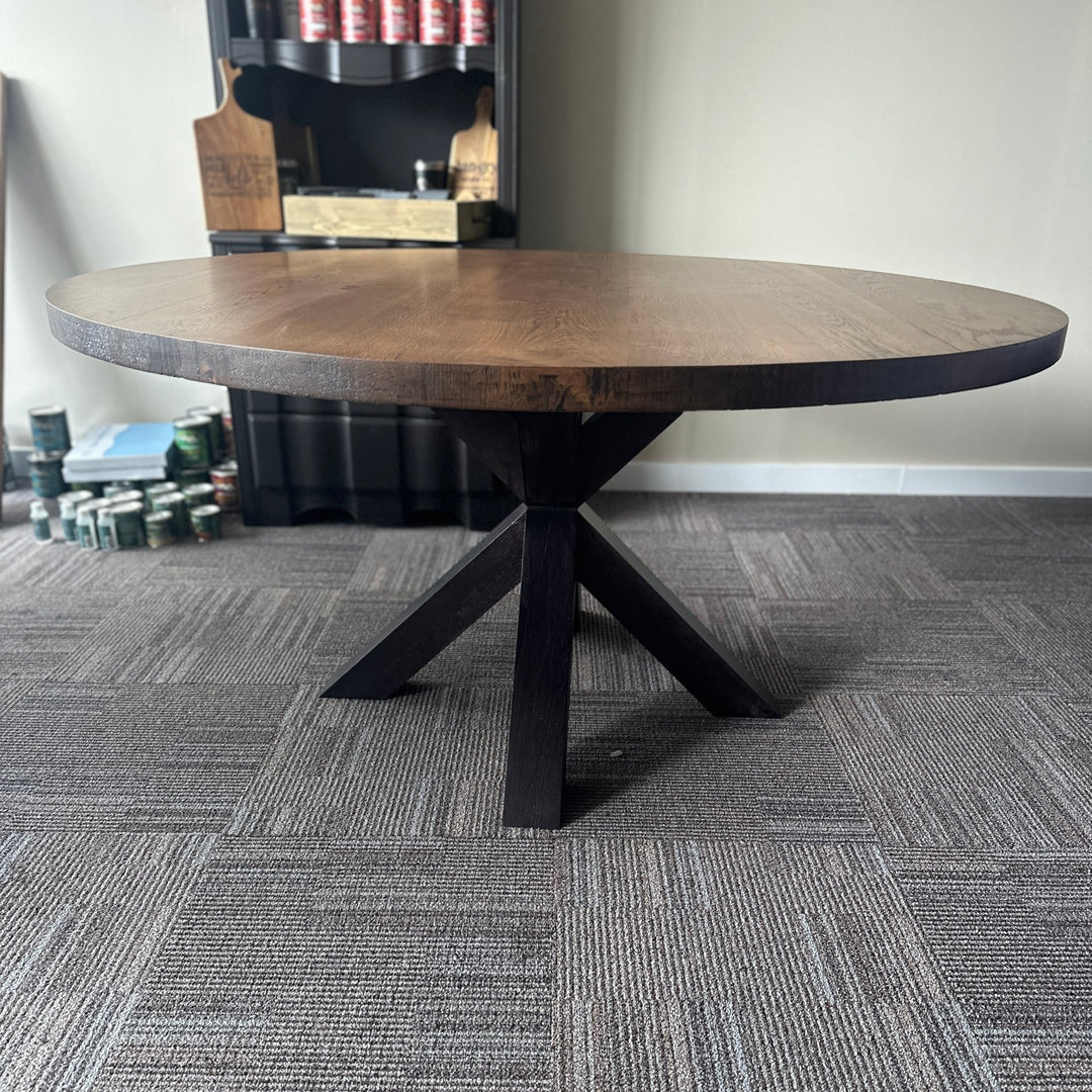 Handcrafted 60" Round Lance Rustic White Oak Dining Table – Kona Top/Black Base – Ready to Ship - Seeds & Sawdust