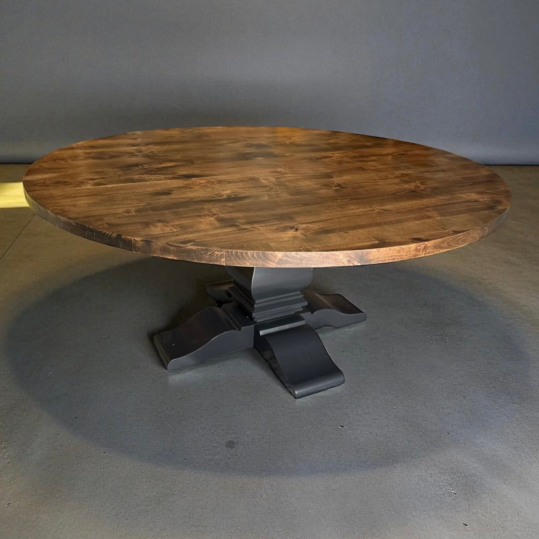 Handcrafted 72" Pedestal Base - Knotty Alder Dining Table – Dark Walnut Top – Ready to Ship - Seeds & Sawdust