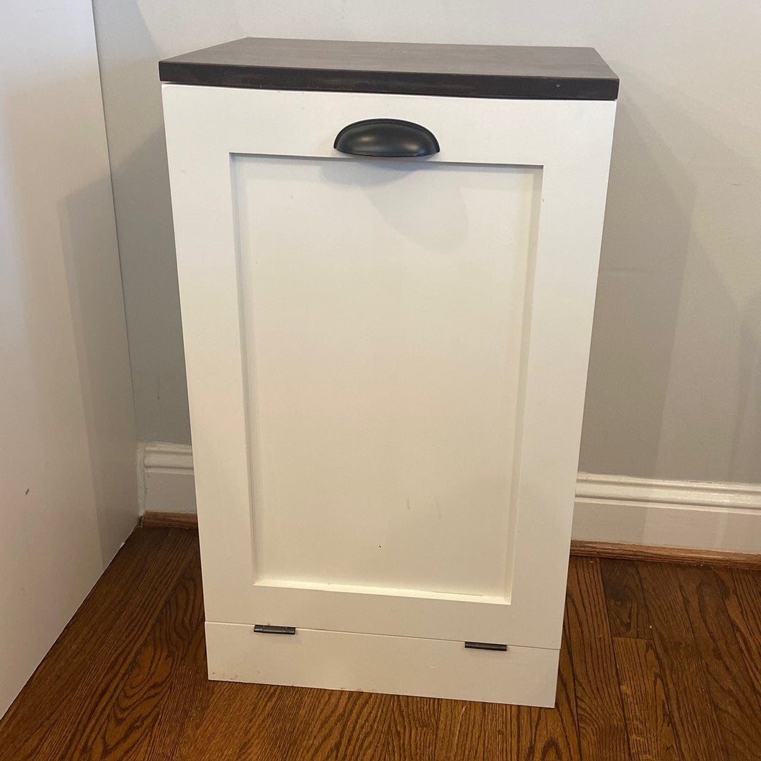 Hidden Trash Can Cabinet – Tip Out Bin with Wood Top – Custom Painted Kitchen Trash Storage - Seeds & Sawdust