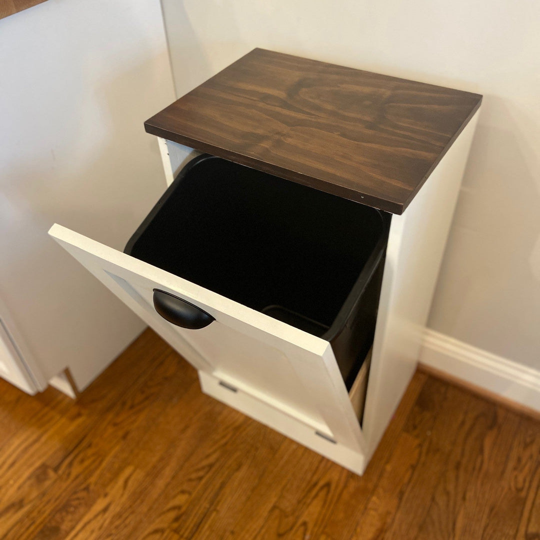 Hidden Trash Can Cabinet – Tip Out Bin with Wood Top – Custom Painted Kitchen Trash Storage - Seeds & Sawdust