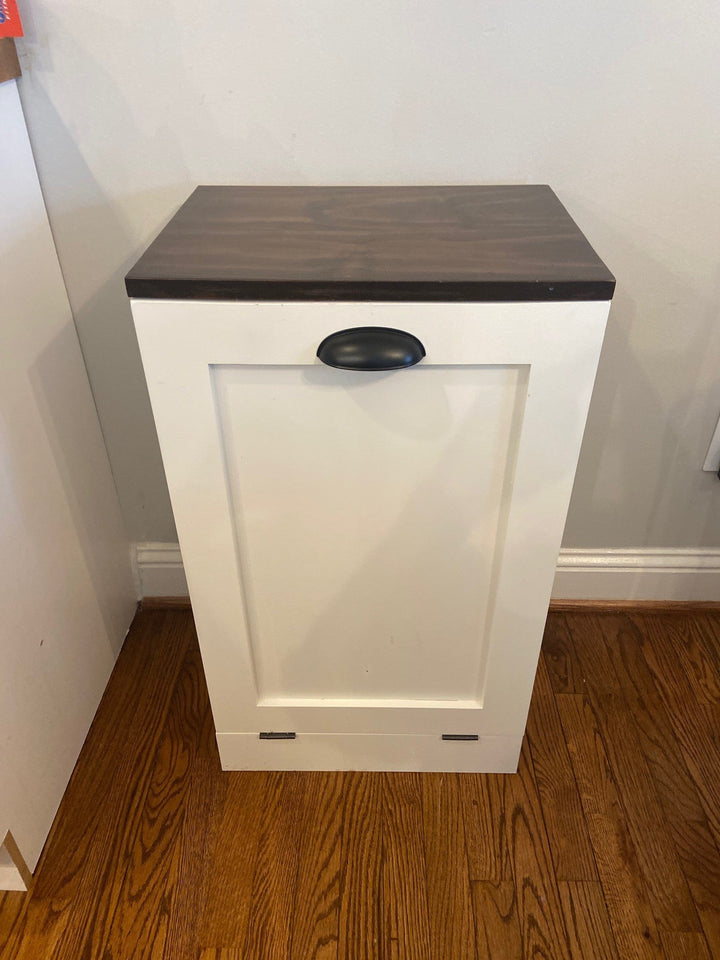 Hidden Trash Can Cabinet – Tip Out Bin with Wood Top – Custom Painted Kitchen Trash Storage - Seeds & Sawdust