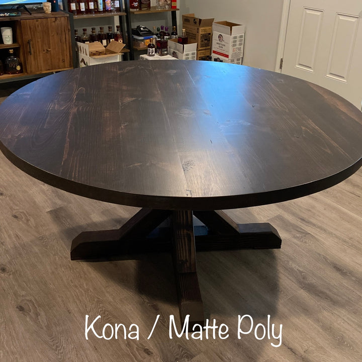 Shown with 60" Knotty Pine Top Stained in Kona/Matte Poly, Stained Base