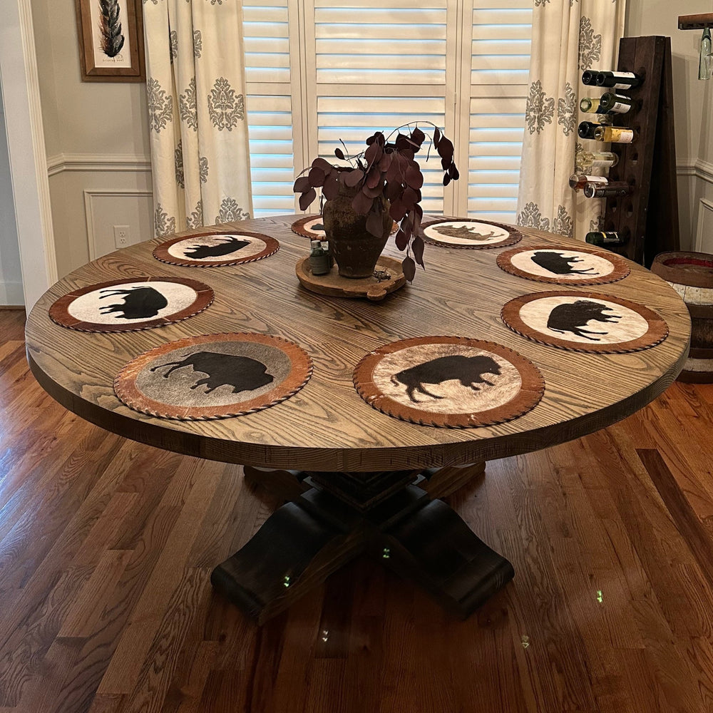 Large Pedestal Farmhouse Table | 54" - 72" Diameters - Seeds & Sawdust
