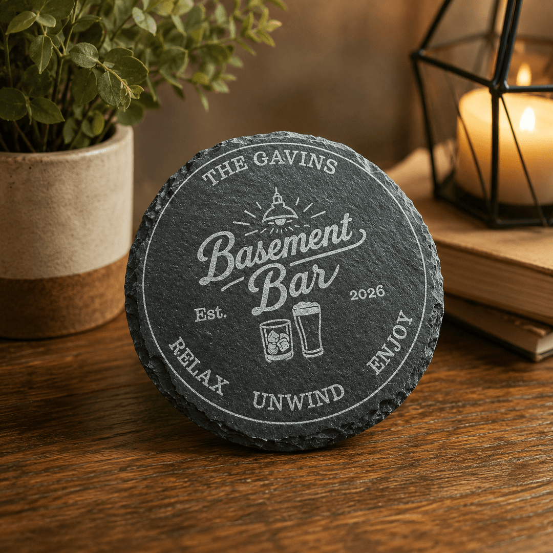 Personalized Basement Bar Slate Coaster Set – Custom Round Drink Coasters - Seeds & Sawdust
