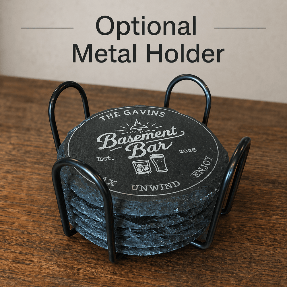 Personalized Basement Bar Slate Coaster Set – Custom Round Drink Coasters - Seeds & Sawdust