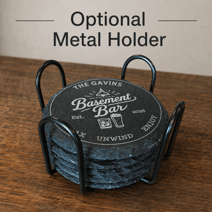Personalized Basement Bar Slate Coaster Set – Custom Round Drink Coasters - Seeds & Sawdust