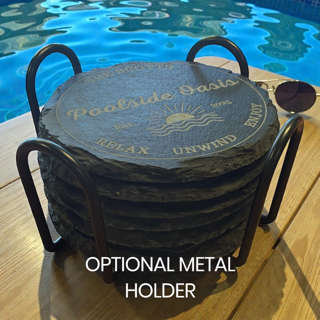 Personalized Poolside Slate Coaster Set – Custom Round Drink Coasters for Outdoor Summer Fun - Seeds & Sawdust