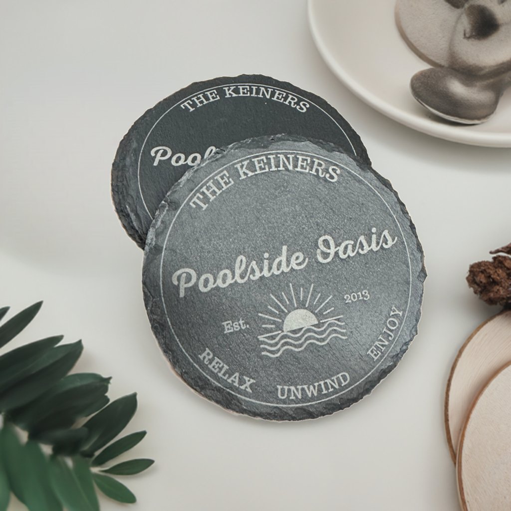 Poolside Coaster Set | Round Slate | Personalized - Seeds & Sawdust
