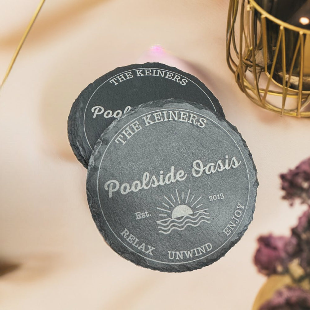 Poolside Coaster Set | Round Slate | Personalized - Seeds & Sawdust