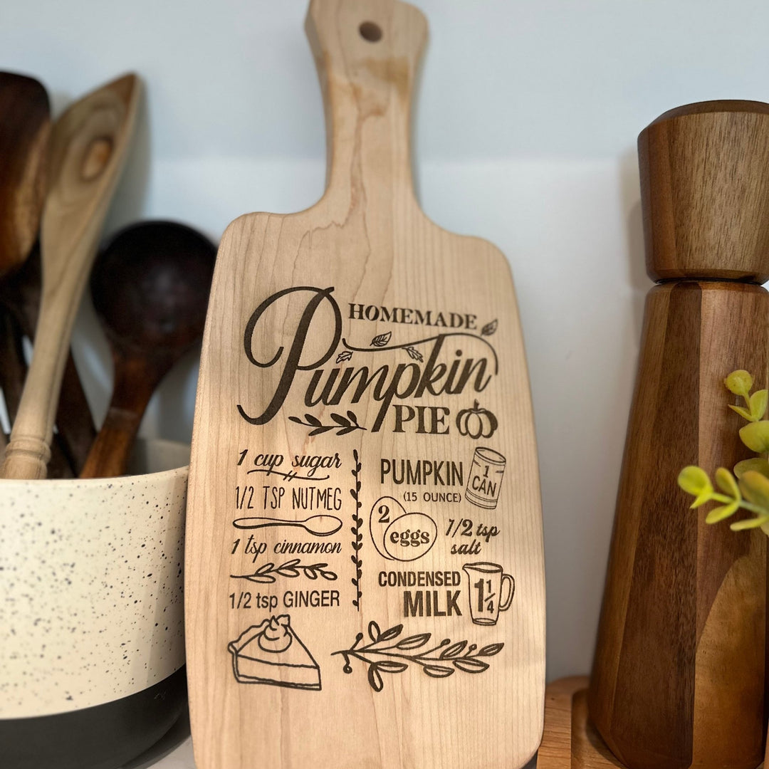 Pumpkin Pie Recipe Engraved Serving Board with Handle – Maple or Walnut - Seeds & Sawdust