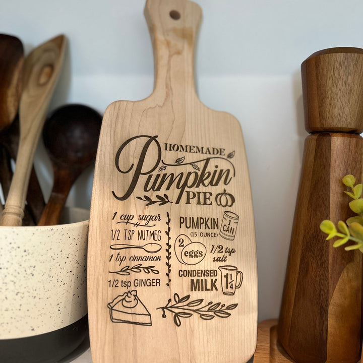 Pumpkin Pie Recipe Engraved Serving Board with Handle – Maple or Walnut - Seeds & Sawdust