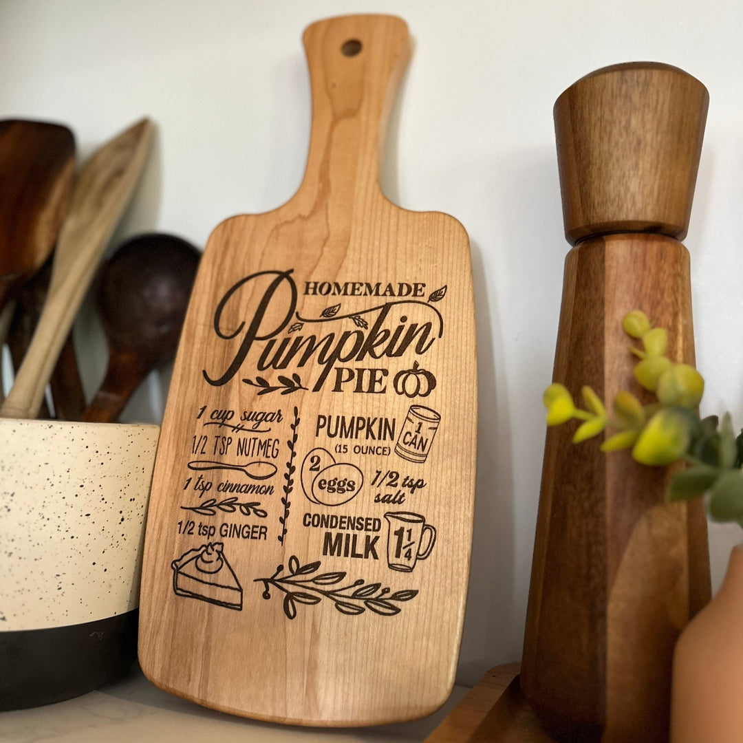 Pumpkin Pie Recipe Engraved Serving Board with Handle – Maple or Walnut - Seeds & Sawdust