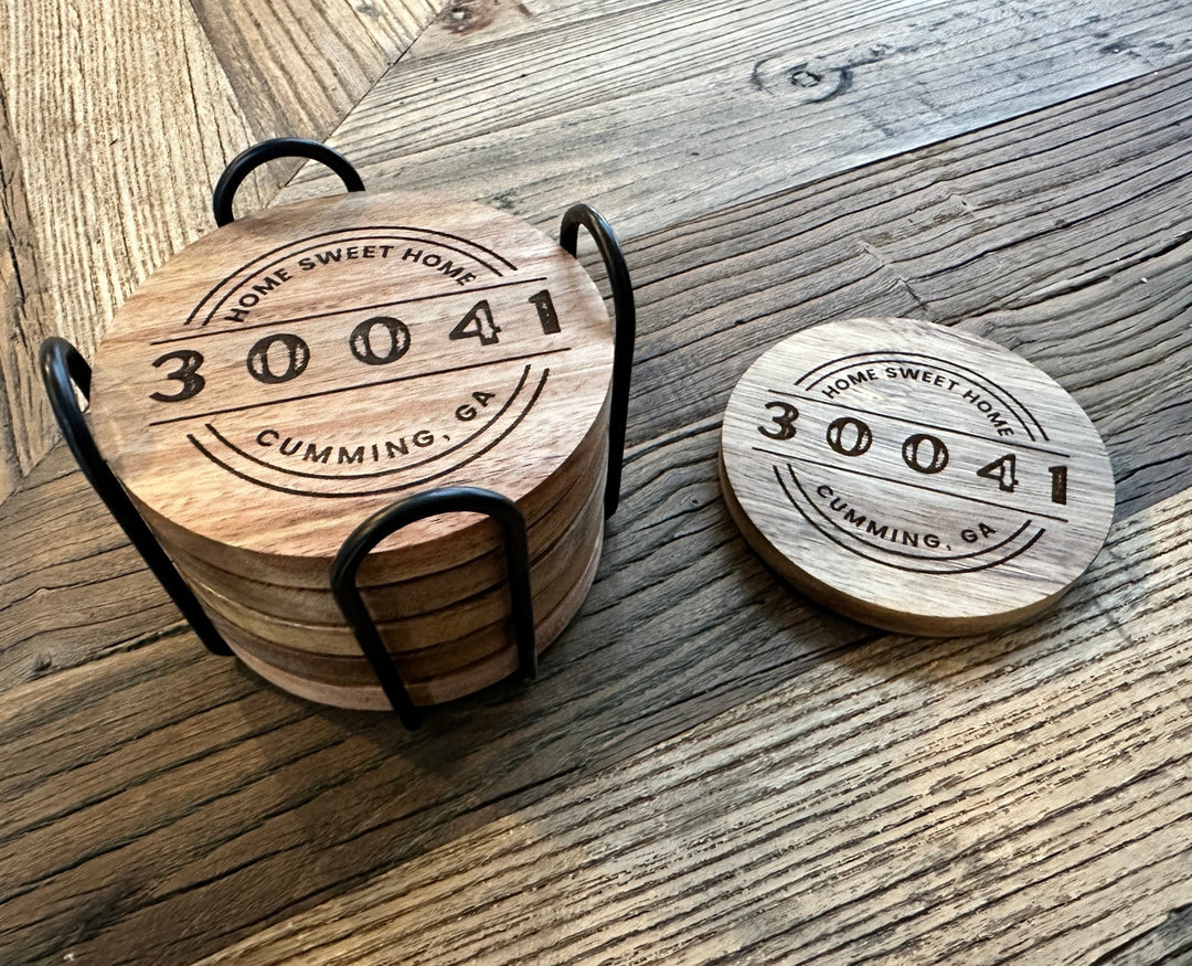 Round Coaster Set w/Holder | Wood or Cork Set | Personalized w/ City & Zip Code - Seeds & Sawdust