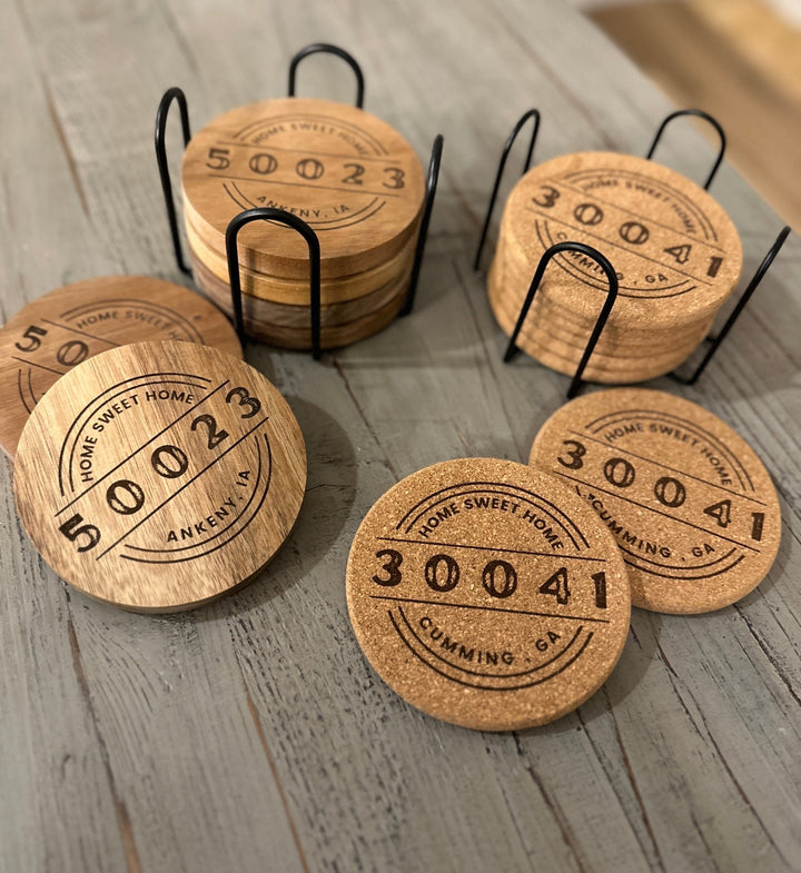 Round Coaster Set w/Holder | Wood or Cork Set | Personalized w/ City & Zip Code - Seeds & Sawdust