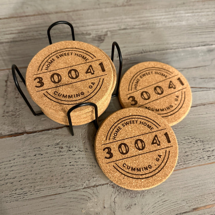 Round Coaster Set w/Holder | Wood or Cork Set | Personalized w/ City & Zip Code - Seeds & Sawdust