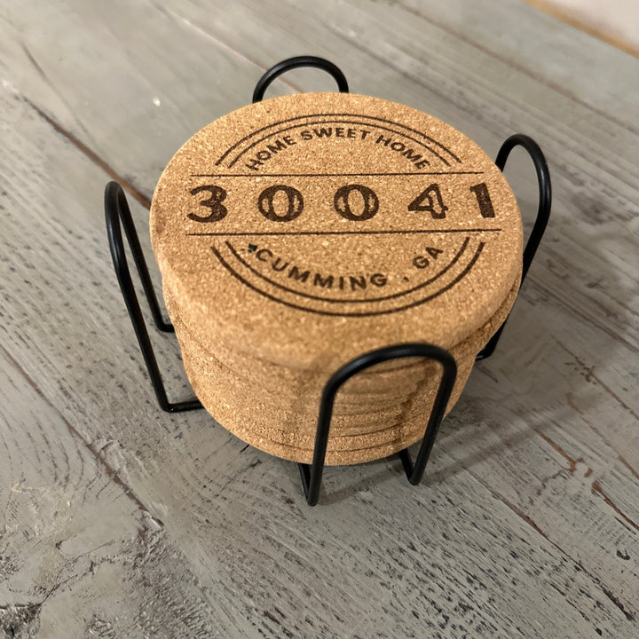 Round Coaster Set w/Holder | Wood or Cork Set | Personalized w/ City & Zip Code - Seeds & Sawdust