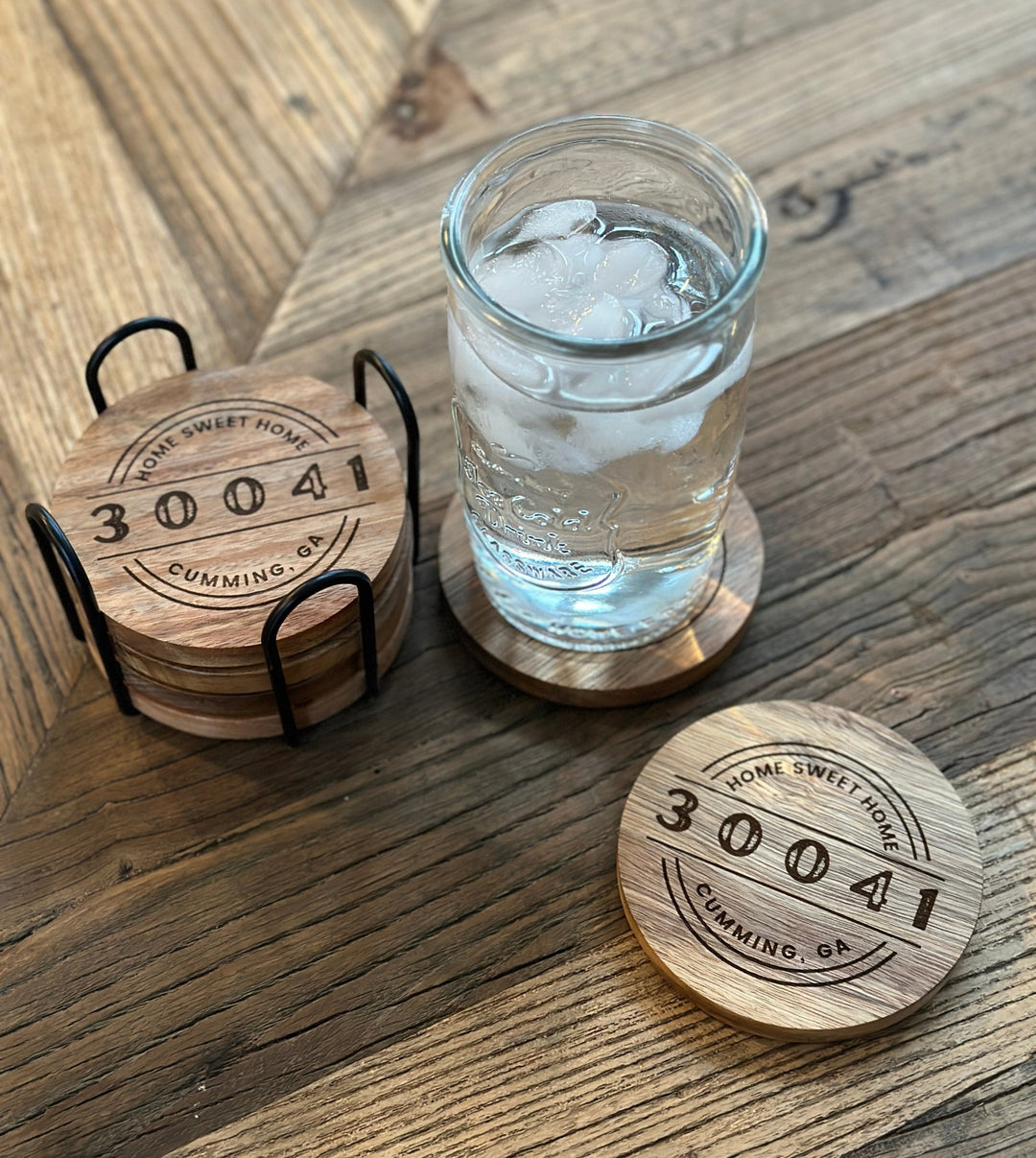 Round Coaster Set w/Holder | Wood or Cork Set | Personalized w/ City & Zip Code - Seeds & Sawdust