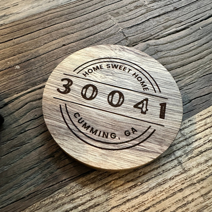 Round Coaster Set w/Holder | Wood or Cork Set | Personalized w/ City & Zip Code - Seeds & Sawdust