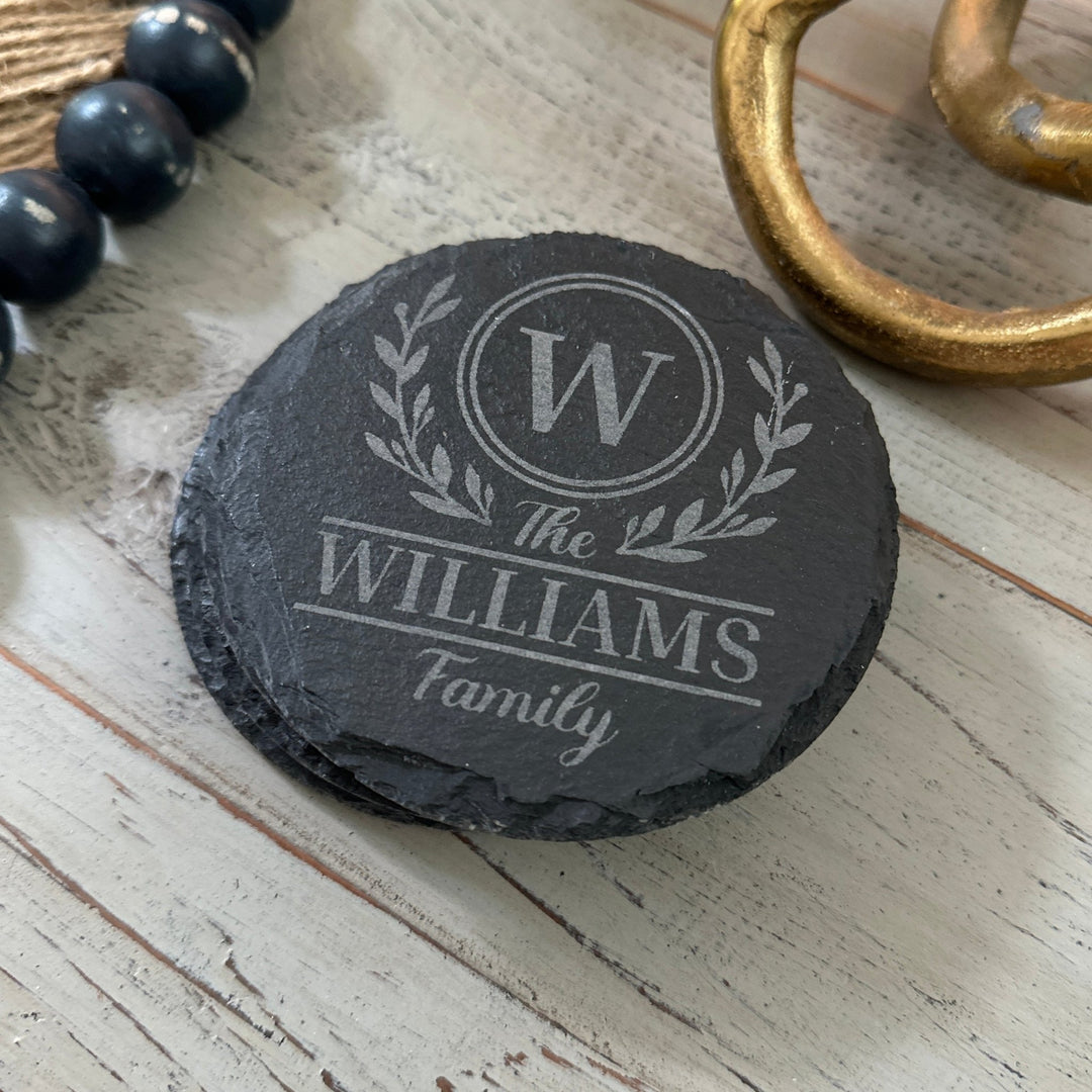 Round Monogram Coaster | Round or Square Slate | Personalized - Seeds & Sawdust