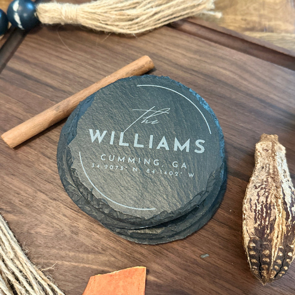 Round Slate Monogram Coaster Set, City State & Coordinates, Personalized Gift - Seeds & Sawdust