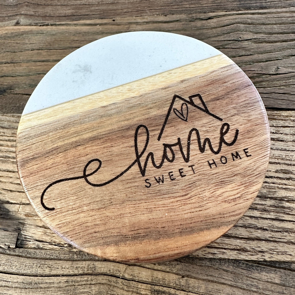 Round Wood / Marble Coaster Set | 4 - Piece Set | Home Sweet Home - Seeds & Sawdust