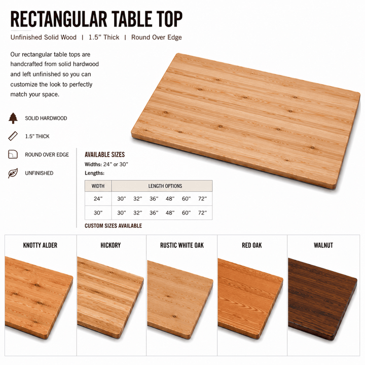 Solid Wood Rectangular Tabletop | Unfinished Restaurant & Bar Table Top - Seeds & Sawdust