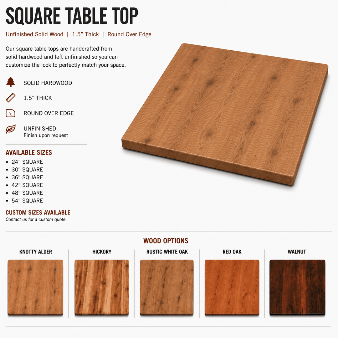 Solid Wood Square Tabletop | Unfinished Restaurant & Bar Table Top - Seeds & Sawdust