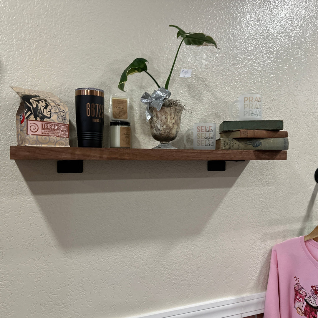 Walnut Wood Floating Shelf with Angle Brackets – Thick Wall-Mounted Shelves – Custom Sizes