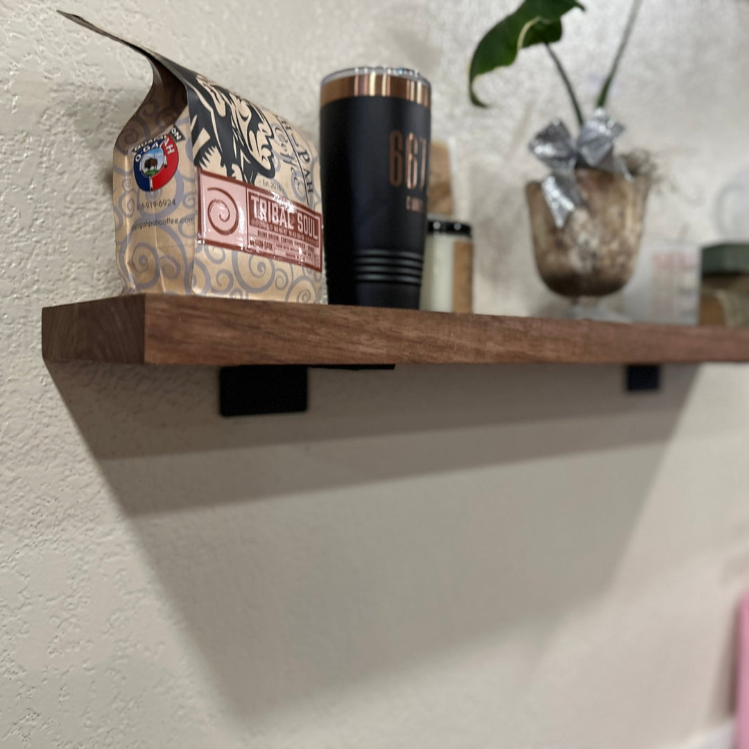 Walnut Wood Floating Shelf with Angle Brackets – Thick Wall-Mounted Shelves – Custom Sizes