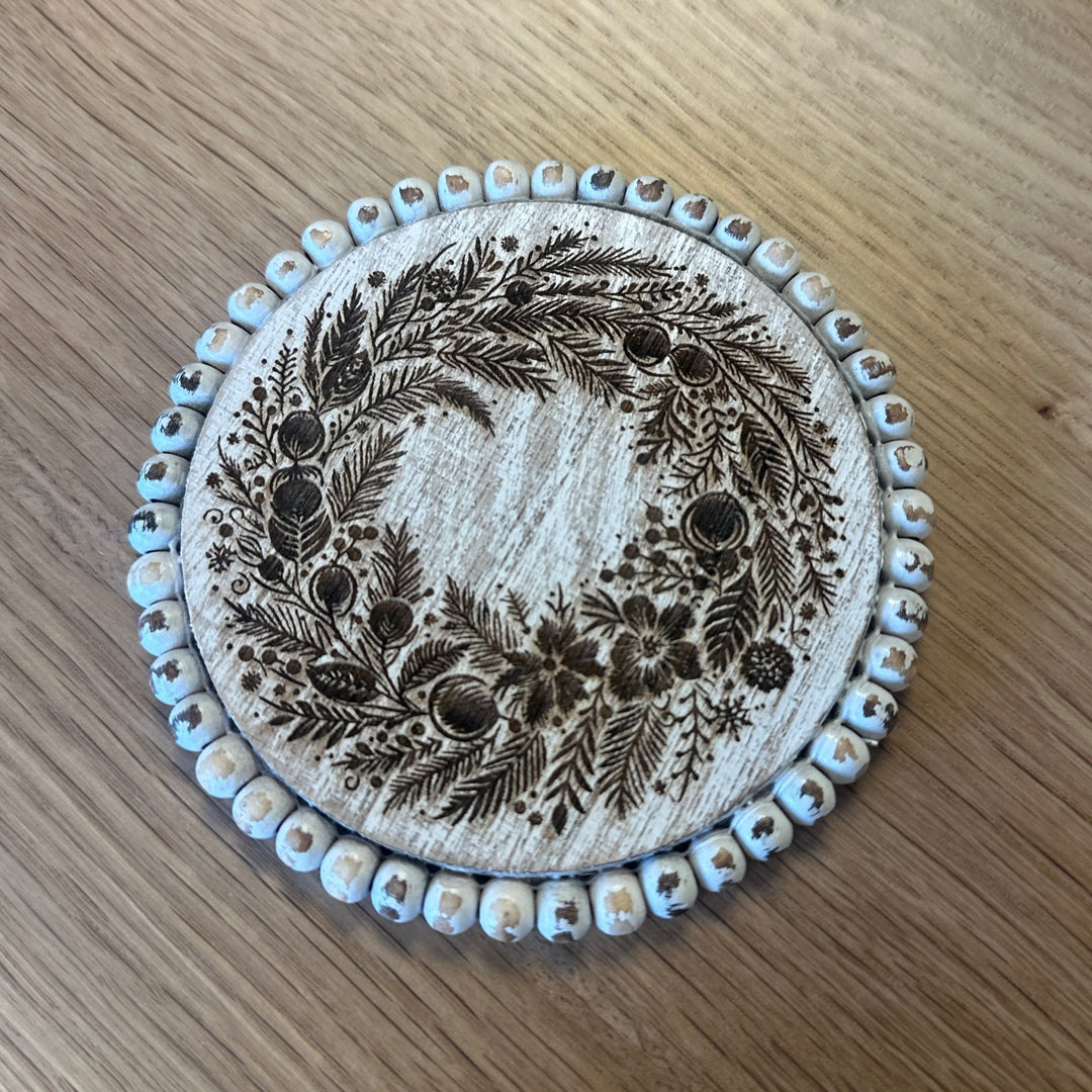 White Beaded Christmas Farmhouse Coaster Set - 4 Piece Set - Seeds & Sawdust