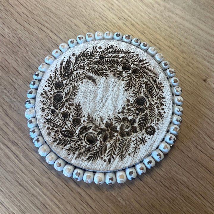 White Beaded Christmas Farmhouse Coaster Set - 4 Piece Set - Seeds & Sawdust