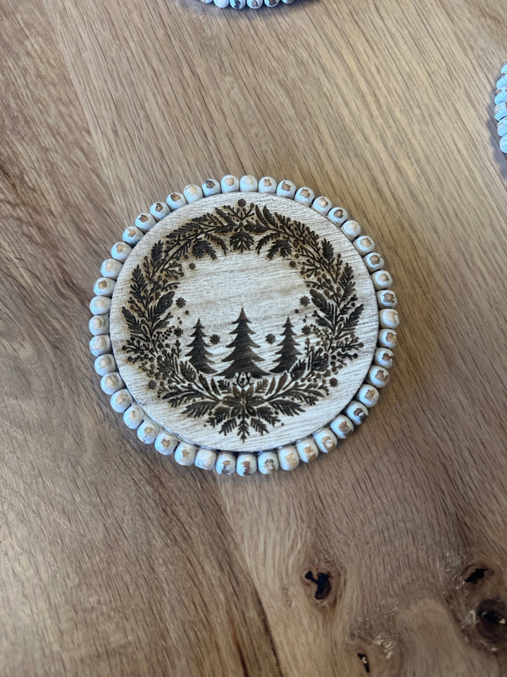 White Beaded Christmas Farmhouse Coaster Set - 4 Piece Set - Seeds & Sawdust