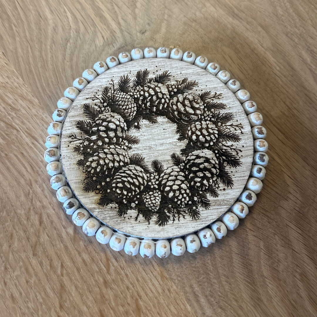 White Beaded Christmas Farmhouse Coaster Set - 4 Piece Set - Seeds & Sawdust