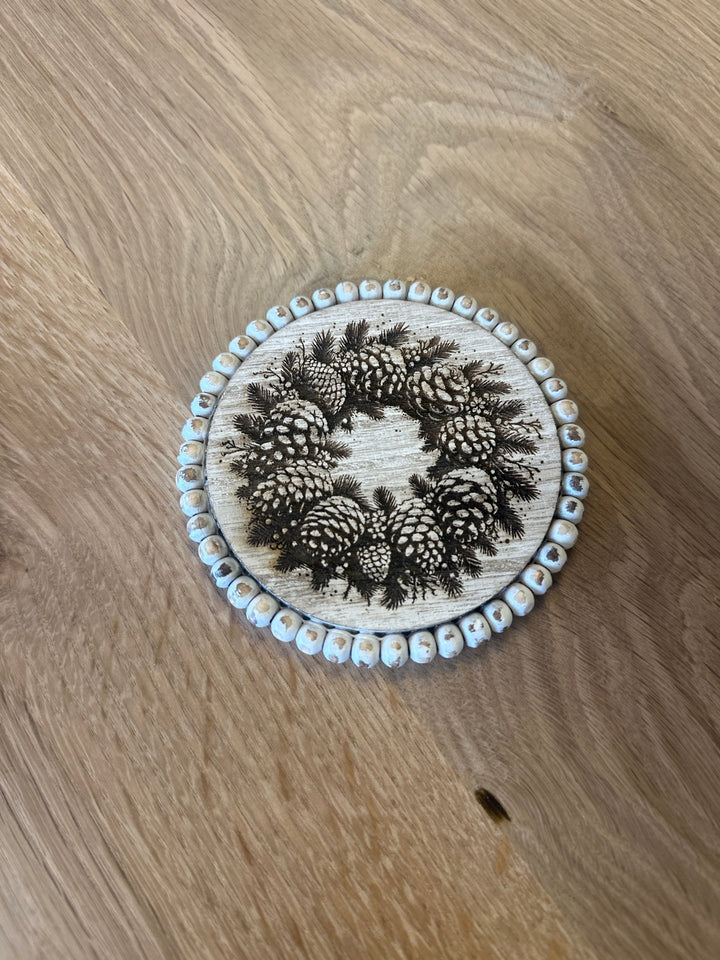 White Beaded Christmas Farmhouse Coaster Set - 4 Piece Set - Seeds & Sawdust