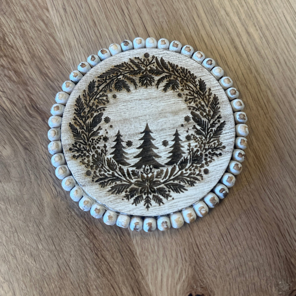 White Beaded Christmas Farmhouse Coaster Set - 4 Piece Set - Seeds & Sawdust