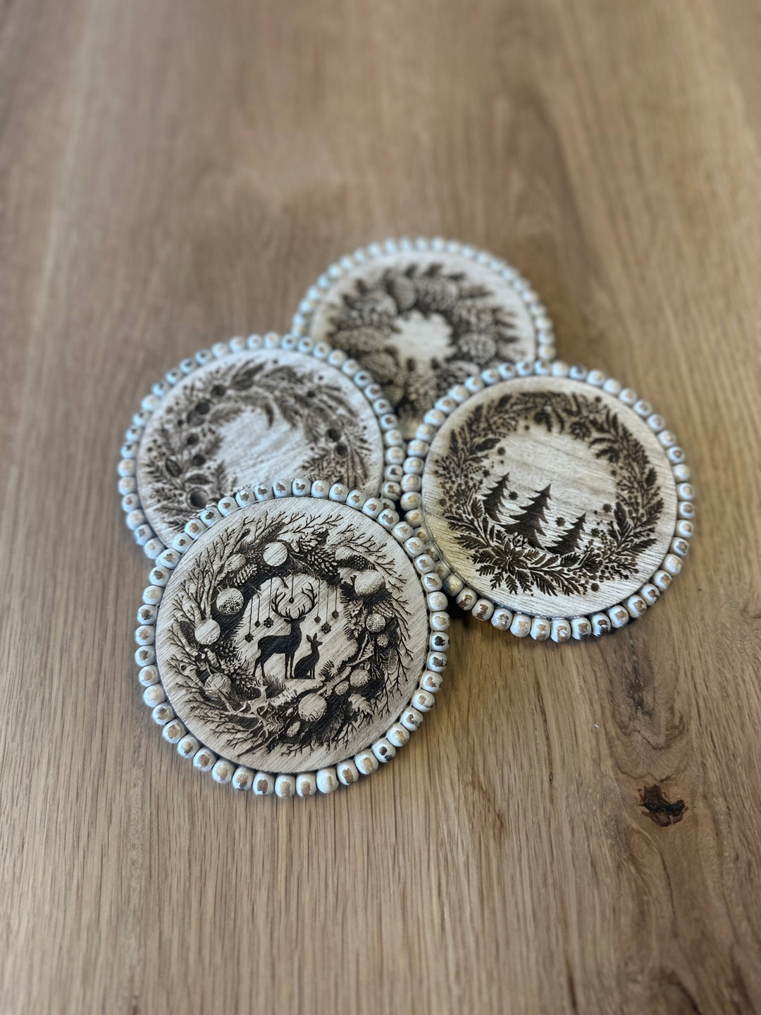 White Beaded Christmas Farmhouse Coaster Set - 4 Piece Set - Seeds & Sawdust
