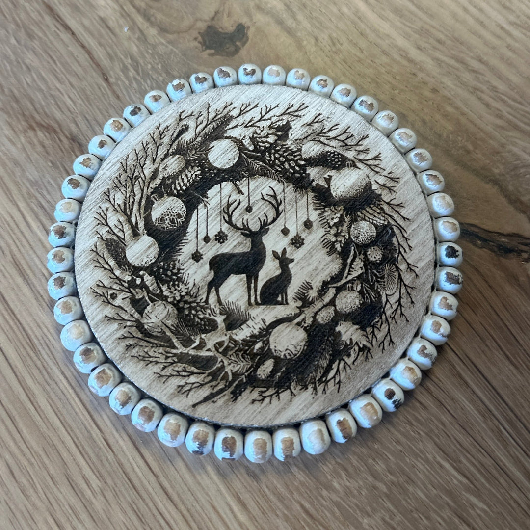 White Beaded Christmas Farmhouse Coaster Set - 4 Piece Set - Seeds & Sawdust