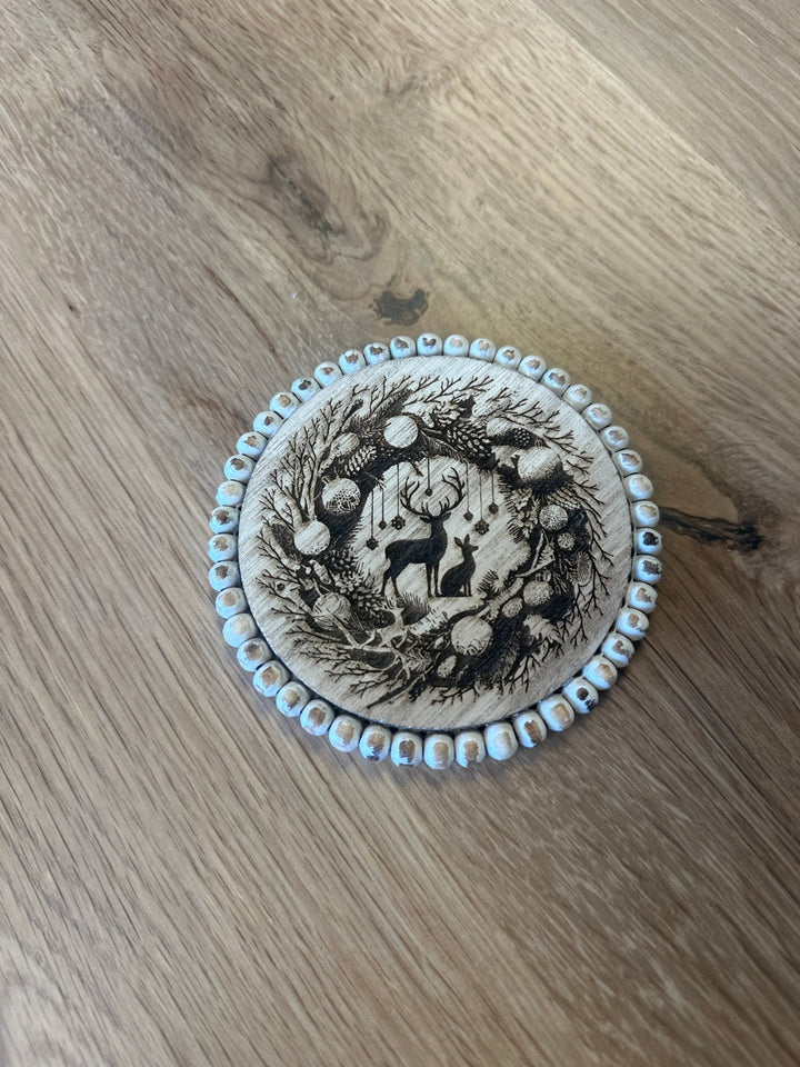 White Beaded Christmas Farmhouse Coaster Set - 4 Piece Set - Seeds & Sawdust