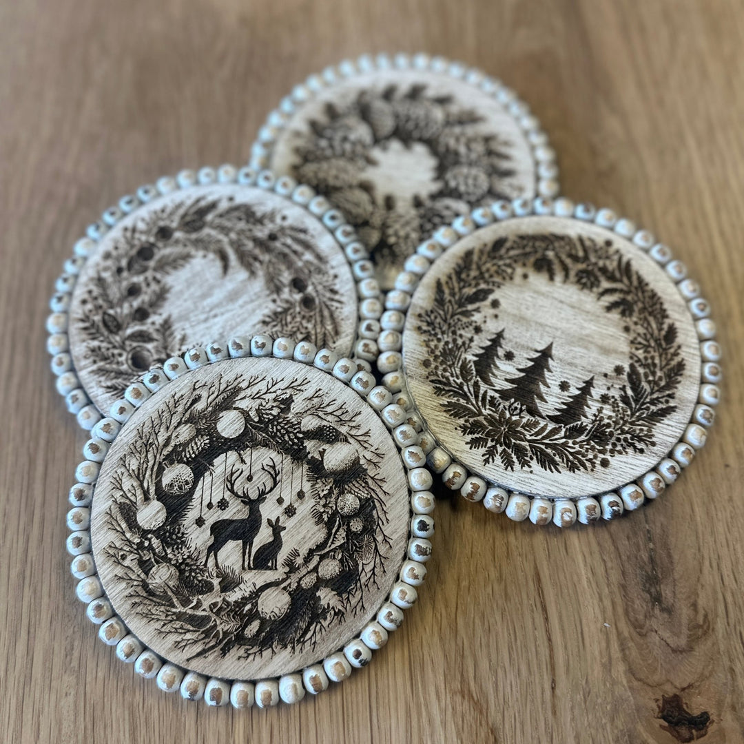 White Beaded Christmas Farmhouse Coaster Set - 4 Piece Set - Seeds & Sawdust