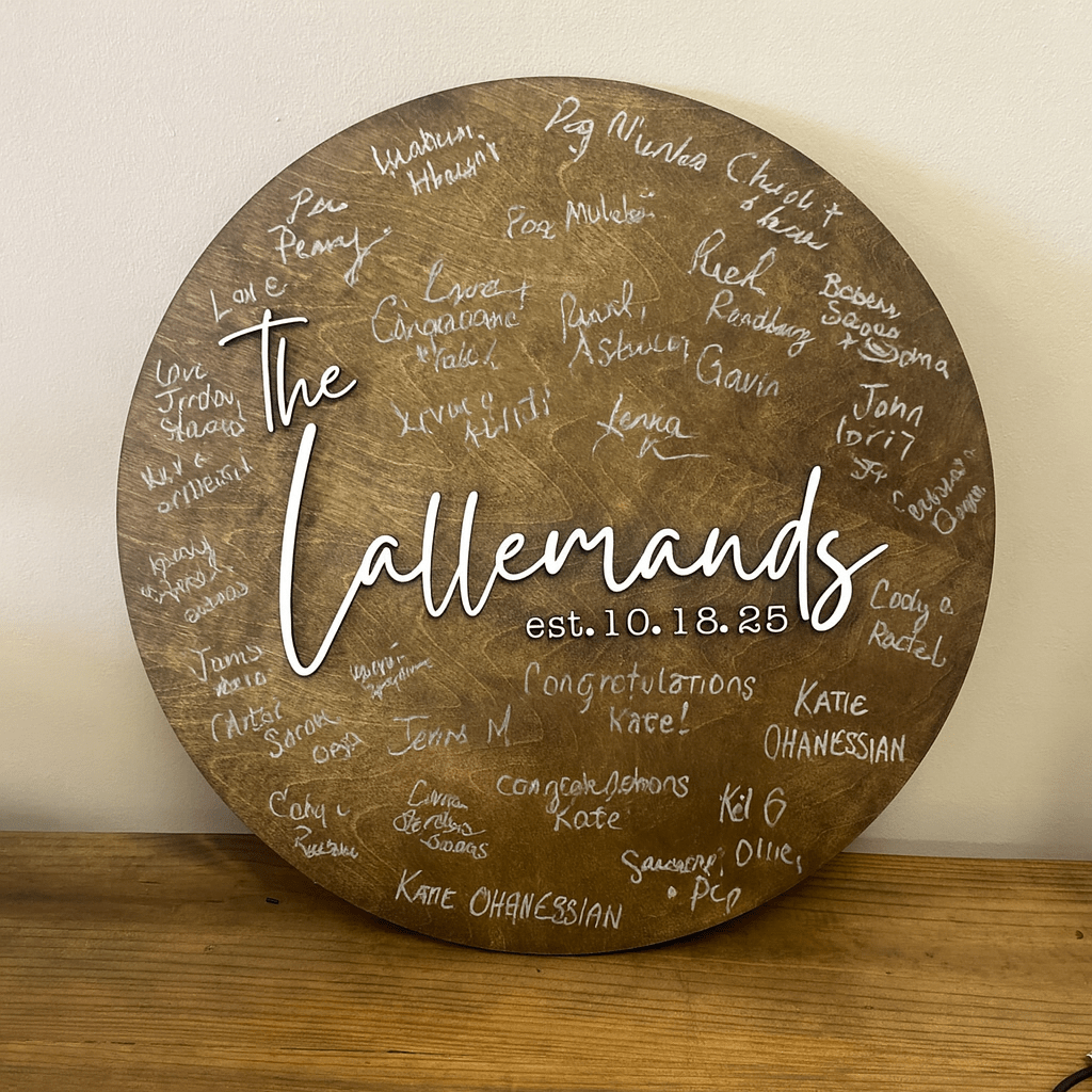 Wooden Round Guest Book Wedding Sign - Seeds & Sawdust
