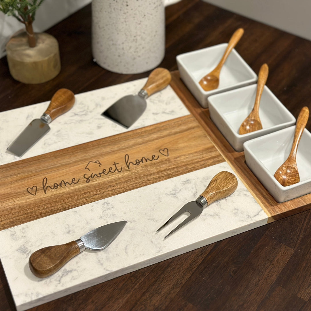 Wood/Marble Charcuterie Board | 3 Bowl | "Home Sweet Home" Design - Seeds & Sawdust
