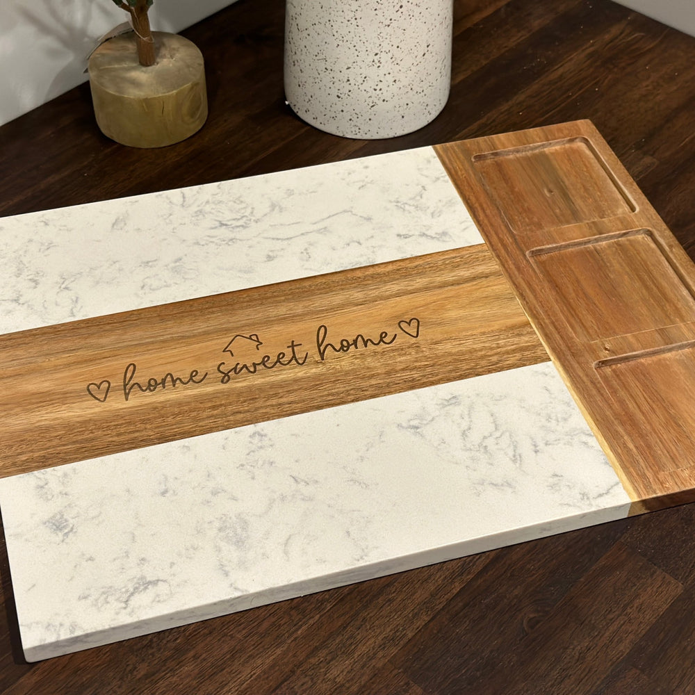 Wood/Marble Charcuterie Board | 3 Bowl | "Home Sweet Home" Design - Seeds & Sawdust