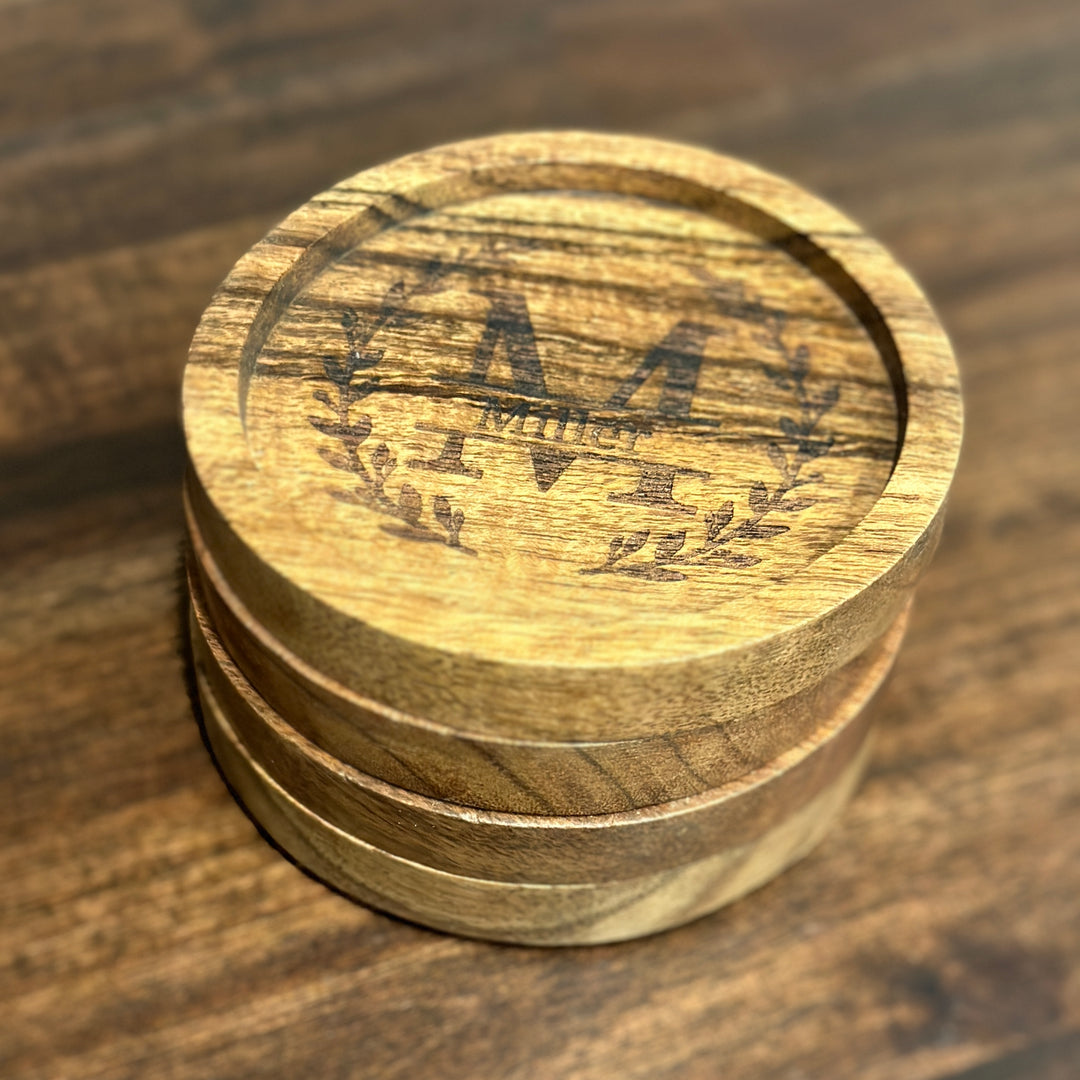 Round Monogram Wood Coaster | Acacia Wood | Personalized