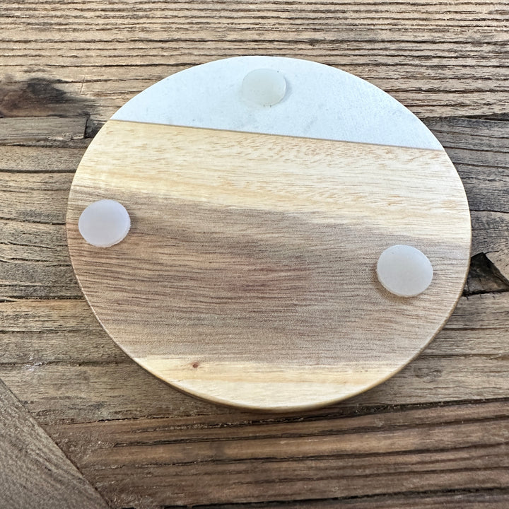 Round Wood / Marble Coaster Set | 4-Piece Set | Home Sweet Home