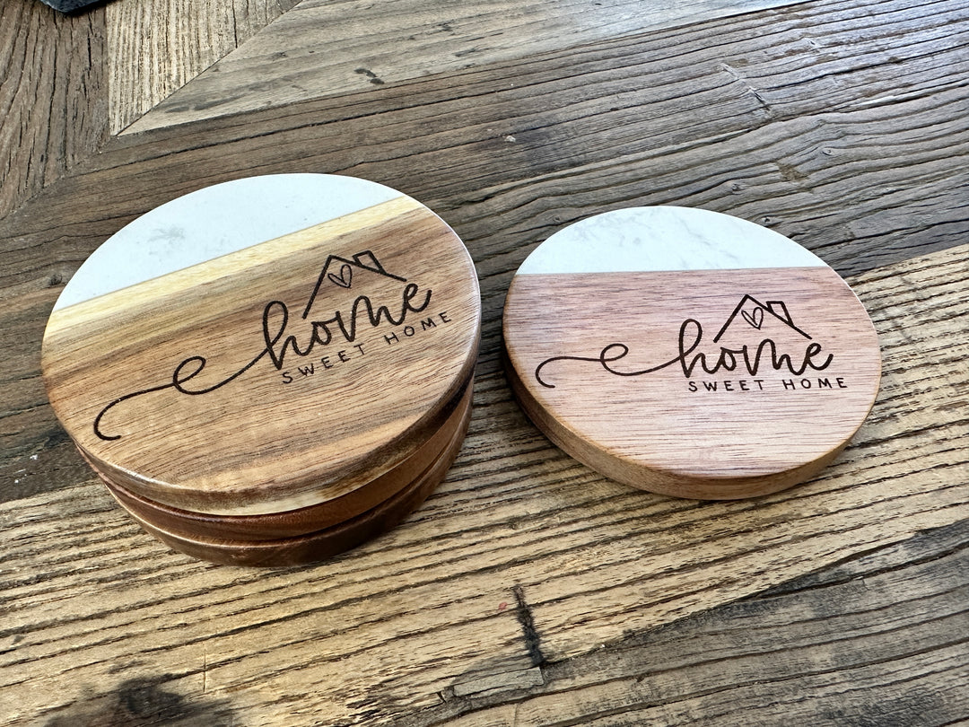 Round Wood / Marble Coaster Set | 4-Piece Set | Home Sweet Home